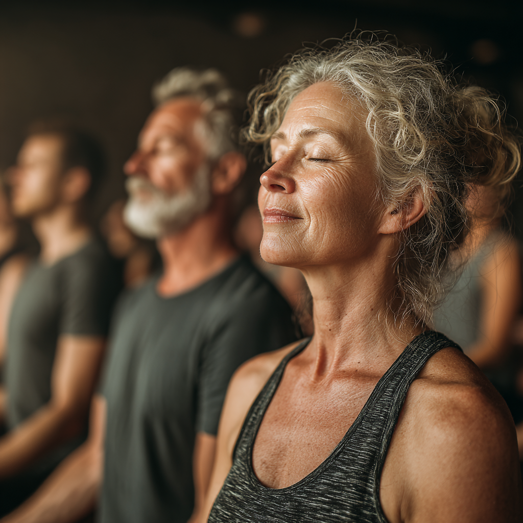 Group of mature adults aged 45-55 practicing yoga poses together in peaceful indoor studio environment