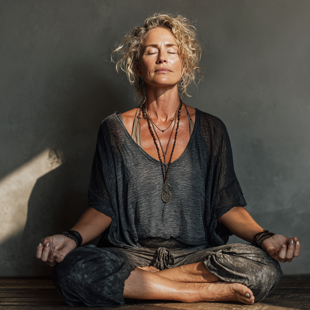 Mature woman aged 45-50 practicing peaceful yoga meditation pose in natural light studio setting
